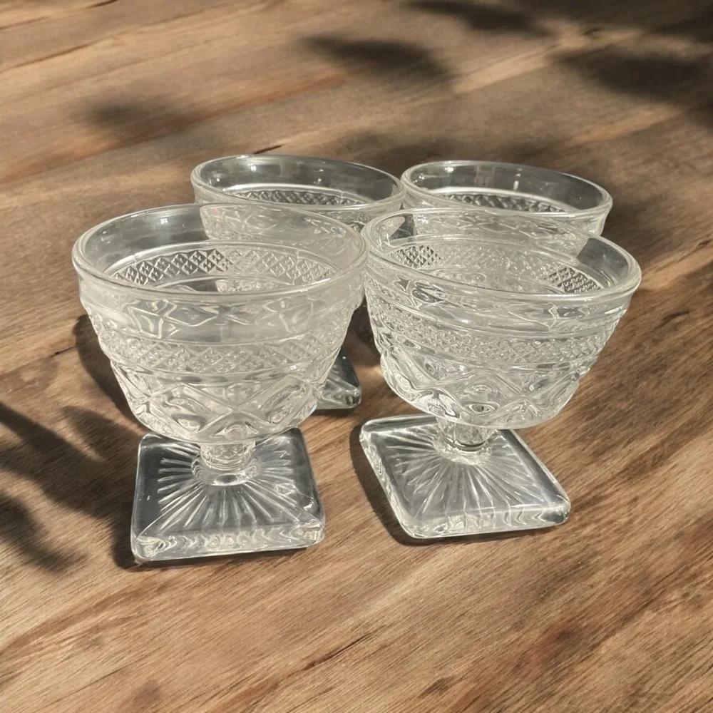 Imperial Glass Cape Cod Clear Footed Sherbet Bowls Set of 4 Square Base Dessert